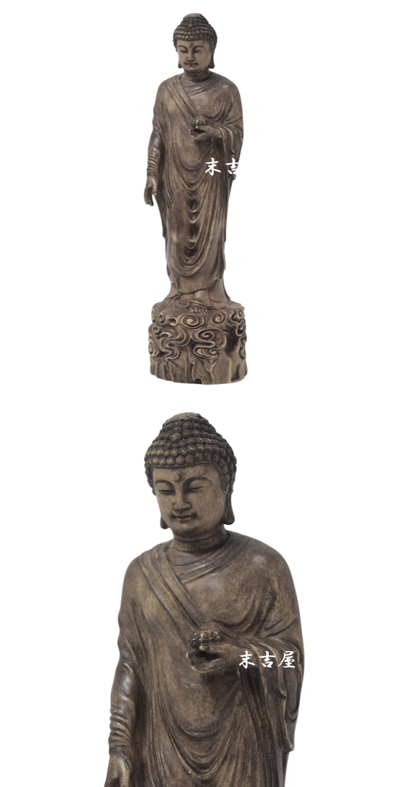 【現状品】菩薩様　如来像　阿弥陀如来　仏像　一刀彫　木彫り　羽衣 木彫り仏像 向源寺形【十一面観音菩薩立像】 桧木 立5.0寸 金泥