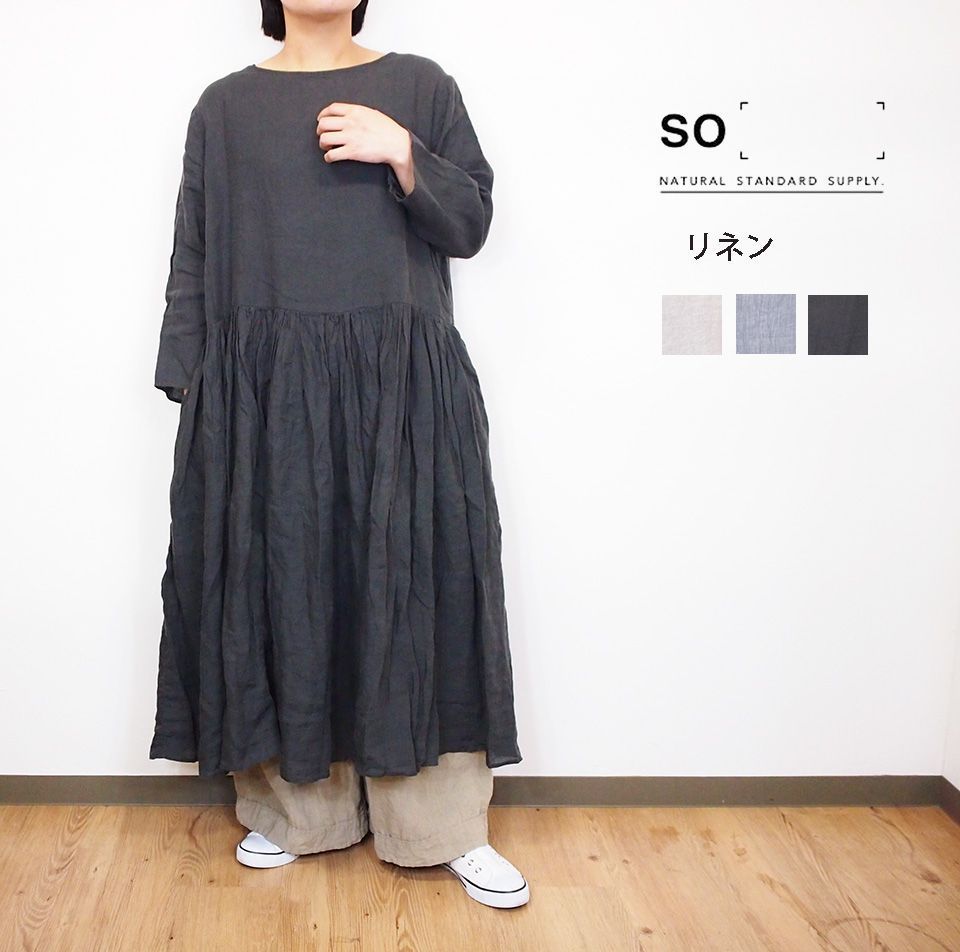 美品【three dots】バックオープン 麻 リネン100 ギャザーワンピース リネンタッチバックギャザーキャミワンピース | ONE PIECE