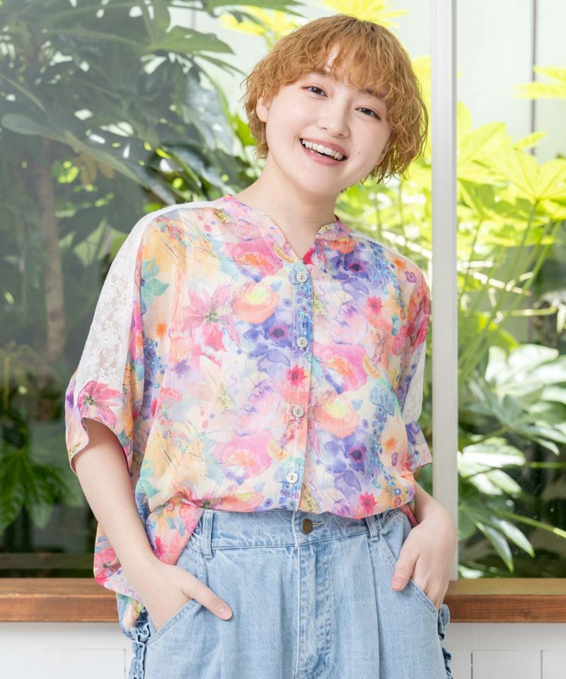 ScoLar 【SALE 30%OFF】 スカラー 花 クラゲ柄 レース 切り替え シャツ