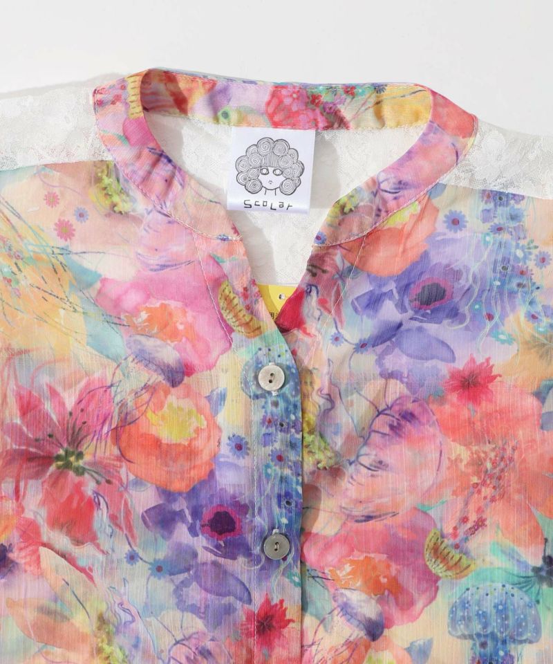 scolar スカラー　花クラゲ柄レース切替ブラウス　サイズM 新品 スカラー ScoLar 花クラゲ柄レース切替シャツ （ブルー） -靴