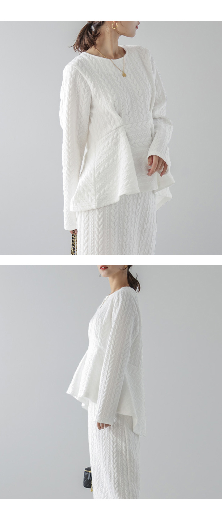 き：ケーブルジャガード柄 ニット風 ペプラム トップス スリット