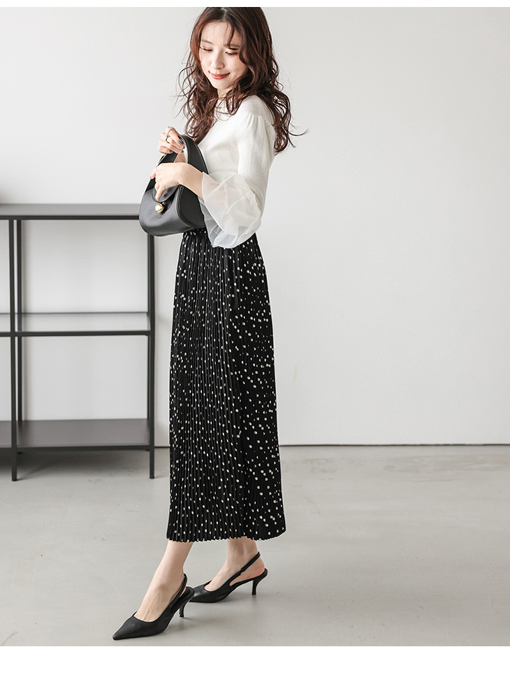 ドット プリーツ スカート モノトーン オフィス キレイめ 大人かわいい