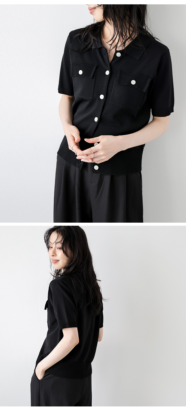 ポロニット ポロ襟 サマーニット リブニット 五分袖 トップス【lstpss25-1378】【即納：1-5営業日】【送料無料】メ込2 ポロニット ポロ襟 サマーニット リブニット 五分袖 トップス