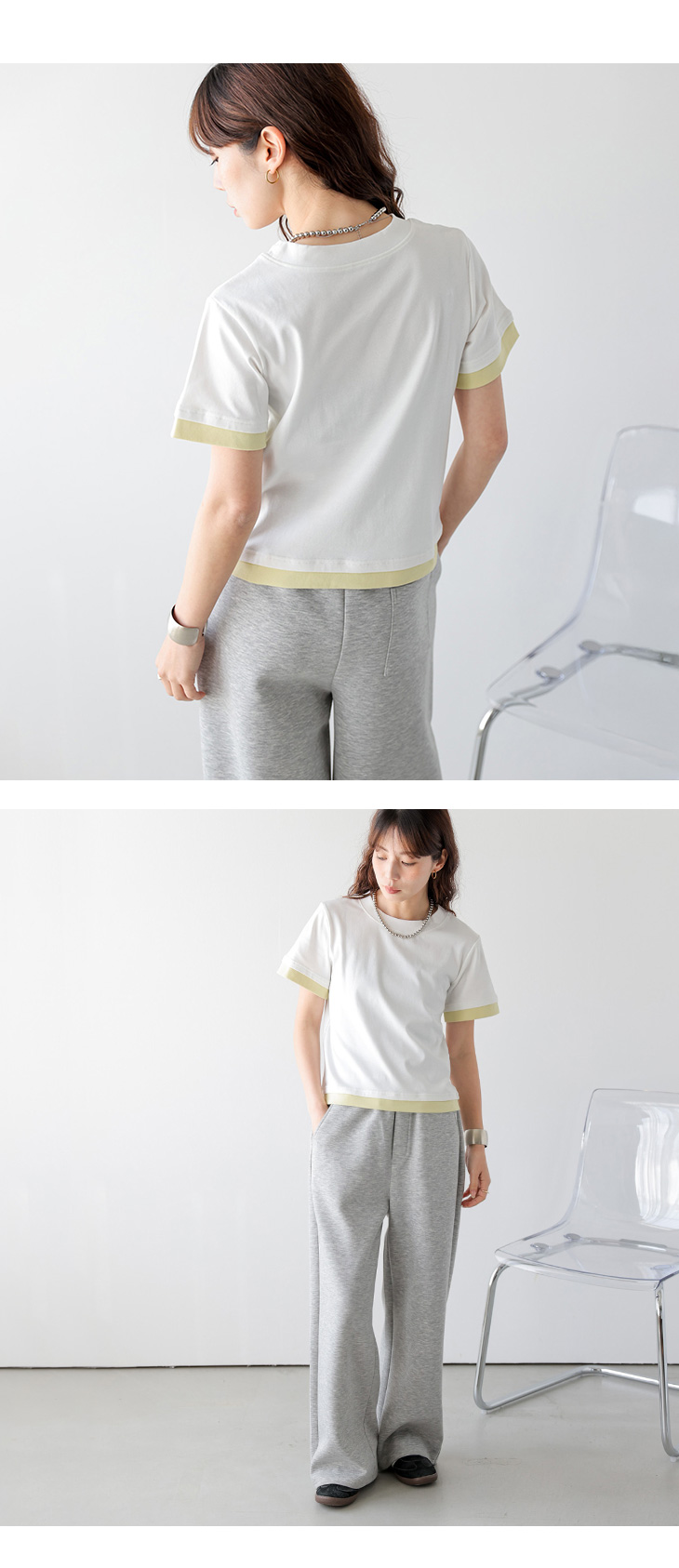 レイヤード風 バイカラー Tシャツ 半袖 配色 トップス コンパクト