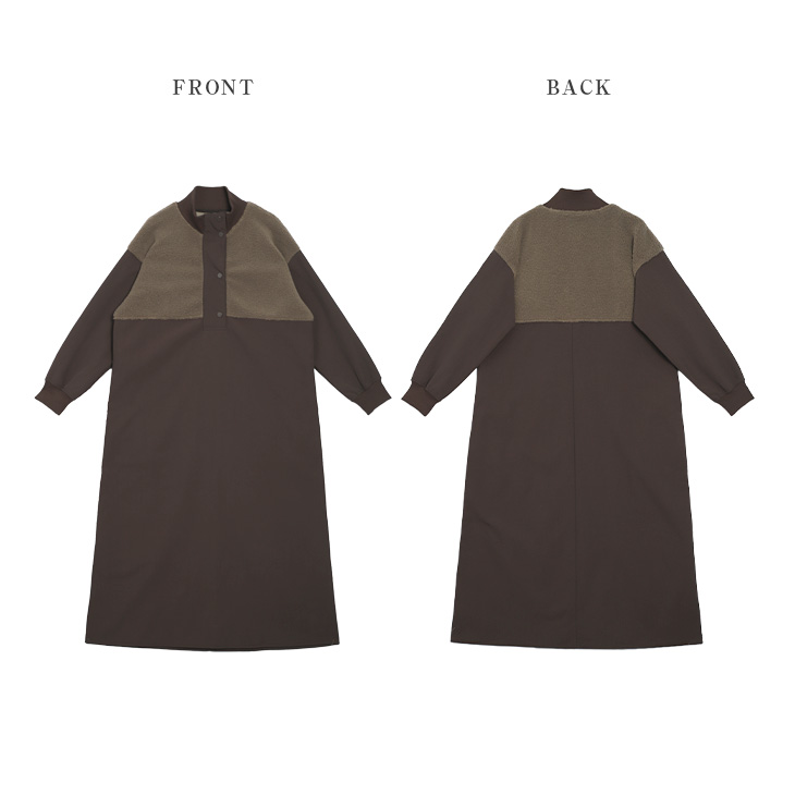 異素材ドッキング 裏起毛 Aライン ロングワンピース ハイネック