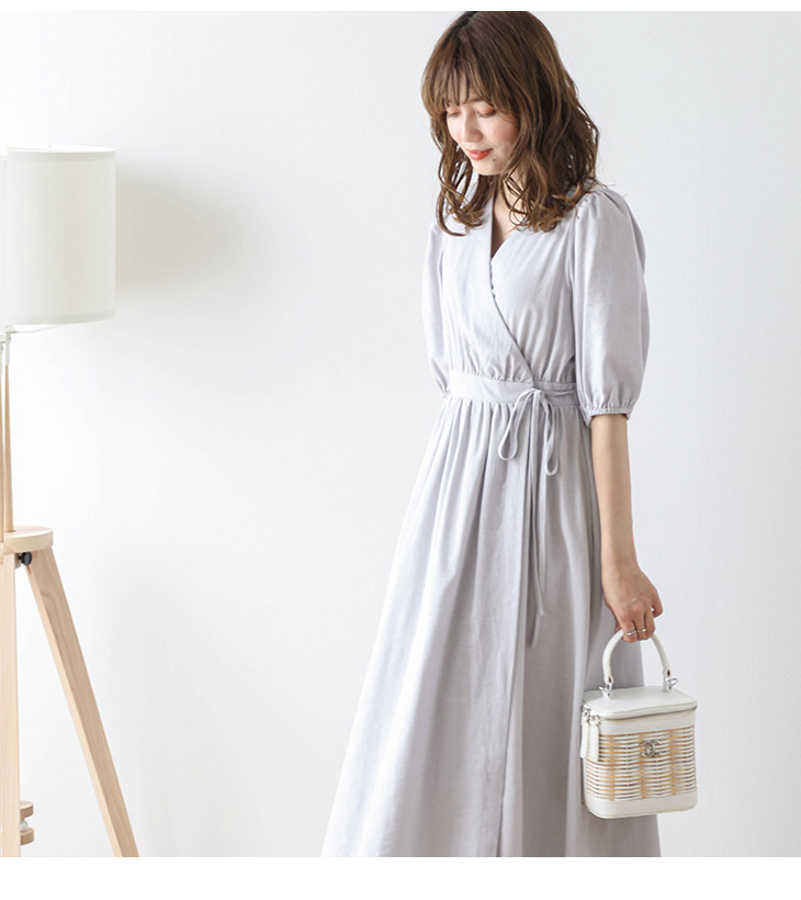 ワンピース カシュクール 5分袖 コットン リネン フレア