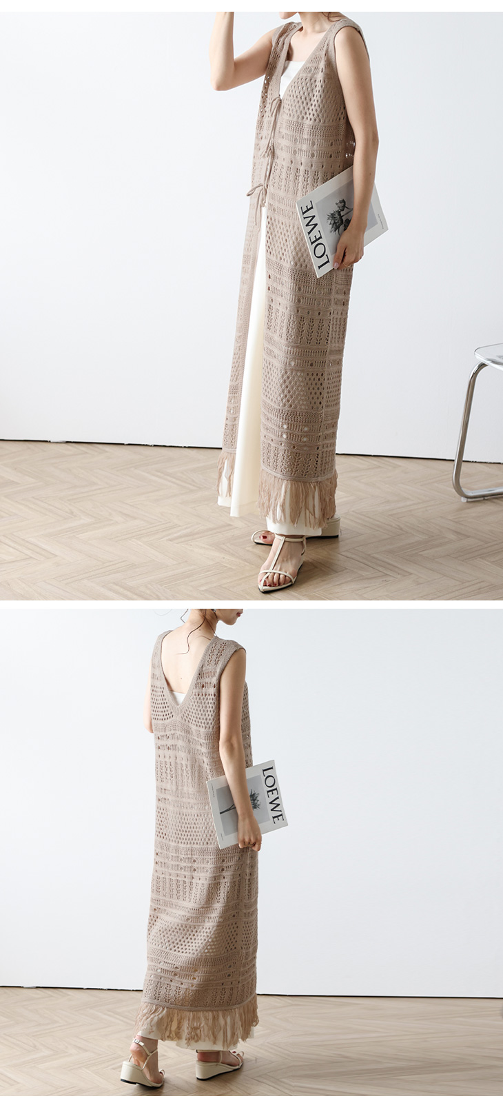 ジレ ロングジレ ワンピース風 ２WAY かぎ編み リボン フリンジ  2025春夏新作【lswpss24-550】【即納：1-5営業日】【送料無料】60込 ジレ ロングジレ ワンピース風 2WAY かぎ編み リボン フリンジ