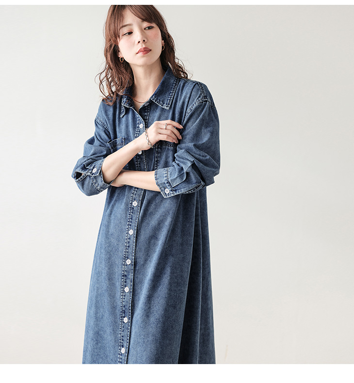 【エステラケー】ワンピース Aライン デニム ウォッシュ加工　シャツワンピース デニムシャツ ワンピース 羽織り ウォッシュ加工 ケミカルデニム