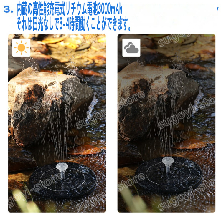 ソーラーポンプ 自動 噴水ソーラー噴水ポンプ 池 風景 プール フローティング ウォーター 小さい 噴水 アウトドア ガーデン ソーラー 充電 大容量 1500mAh｜sugoyi-store｜10