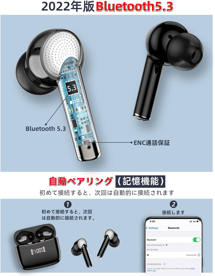 ◇在庫限り◇Bluetooth 5.3ワイヤレスイヤホン Hi-Fi音質 IPX7防水