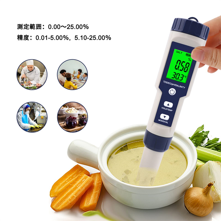 水産養殖専用 水質測定器 5 in 1 pH/EC/TDS/塩分濃度/温度測定器 PPM