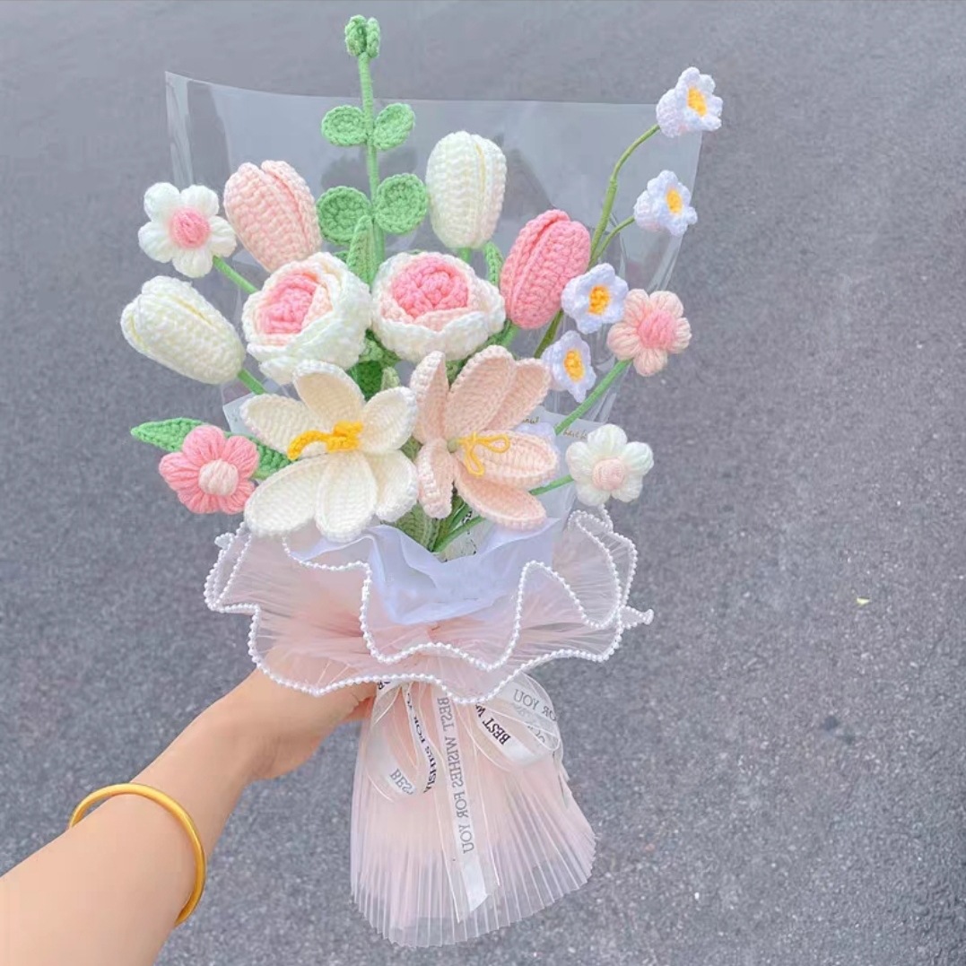 手作りかぎ針編みフラワーブーケ 毛糸の花束 枯れない花 ハンドメイド