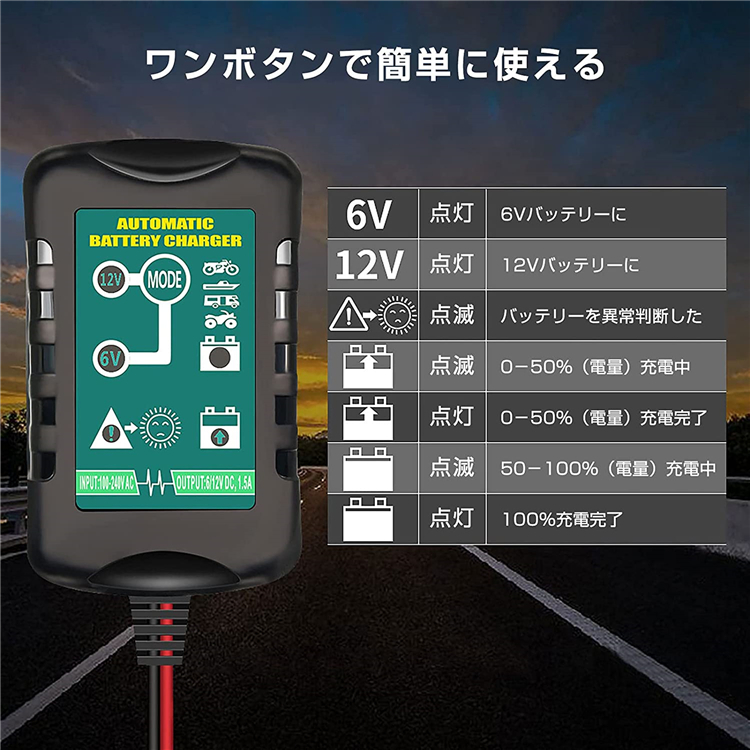 バッテリー充電器 バイク 自動車用 6V/1.5Aと12V/1.5A対応 短絡保護 逆接続保護 スパーク防止 外部温度検知　電子日本語説明書付