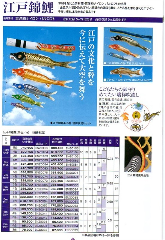 鯉のぼり 錦鯉 ENZ0063 ノーマルセット 江戸錦鯉 6m3匹 瑞祥吹流し