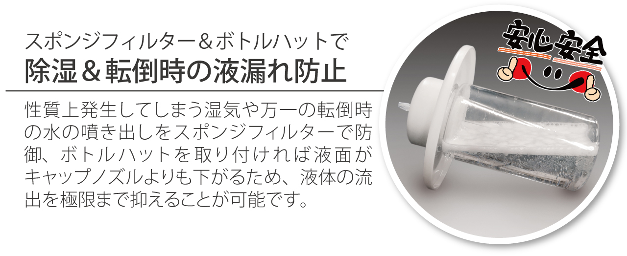 スポンジフィルター＆ボトルハットで除湿＆点灯時の液漏れ防止