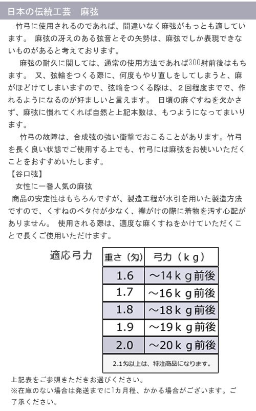 弓道 弦 麻弦 谷口 弦 並寸 5本組 翠山弓具店 suizan 【40103】 : 40103 : 弓道専門店 翠山弓具店 suizan雅 - 通販  - Yahoo!ショッピング