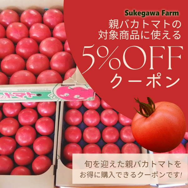 親バカトマト 助川農園Yahoo!店の「【期間限定】旬を迎えた親バカトマト5％ＯＦＦクーポン」のクーポン