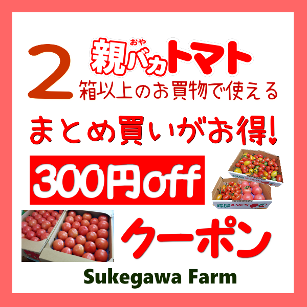 親バカトマト 助川農園Yahoo!店の「2箱以上のお買物で使える“まとめ買いがお得300円offクーポン”」のクーポン
