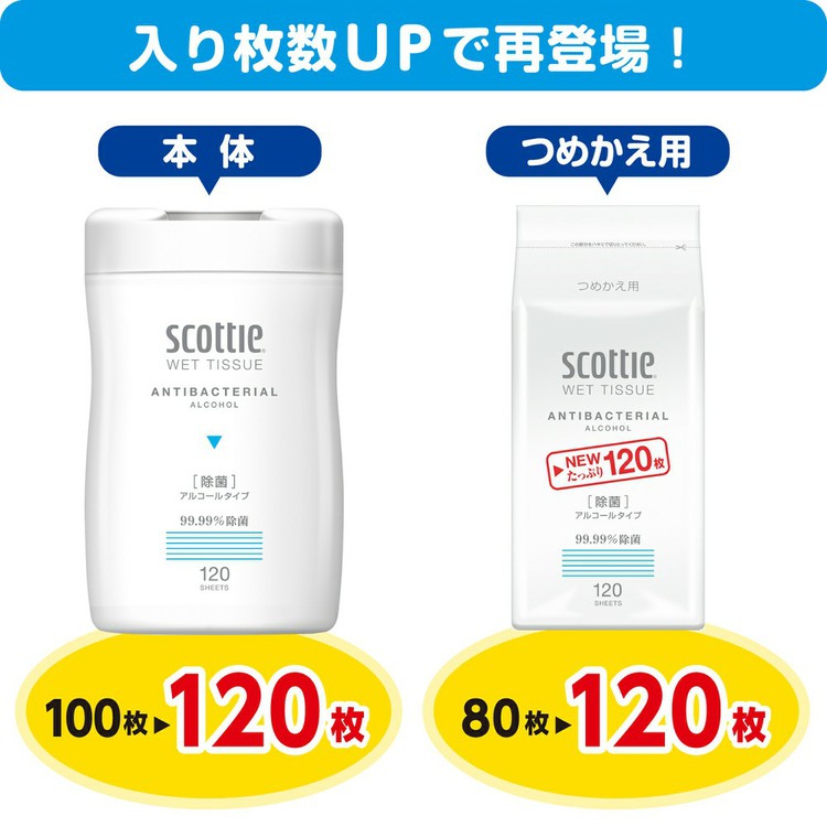 スコッティscottieウェットティシューウェットティッシュぬれティッシュボトル除菌アルコールつめかえ用詰替用大容量スコッティウェットティッシュ除菌アルコールタイプつめかえ用120枚2コパック 