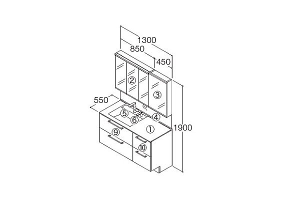 TOTO 洗面化粧台 エスクア 間口1300 片寄せボウルプラン escua_plan4