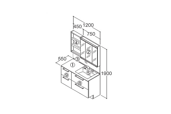 TOTO 洗面化粧台 エスクア 間口1200 片寄せボウルプラン escua_plan15