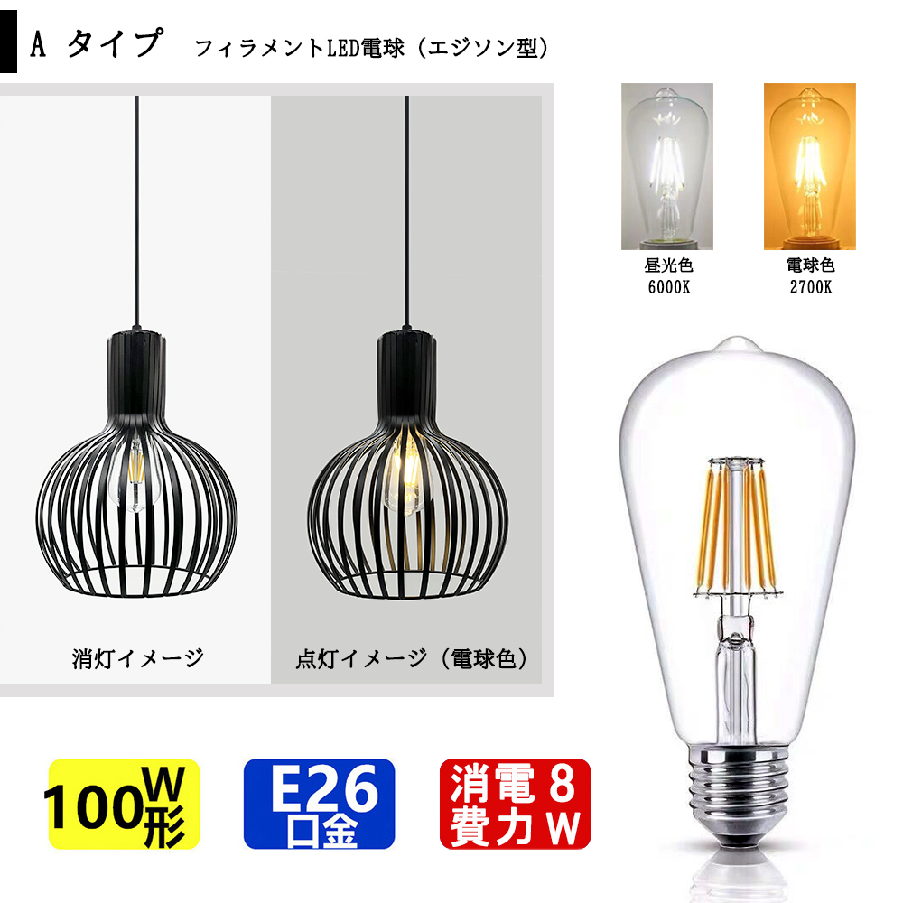 吊り下げ照明 ペンダントライト 鉄製球状 E26口金 LED電球付き（A