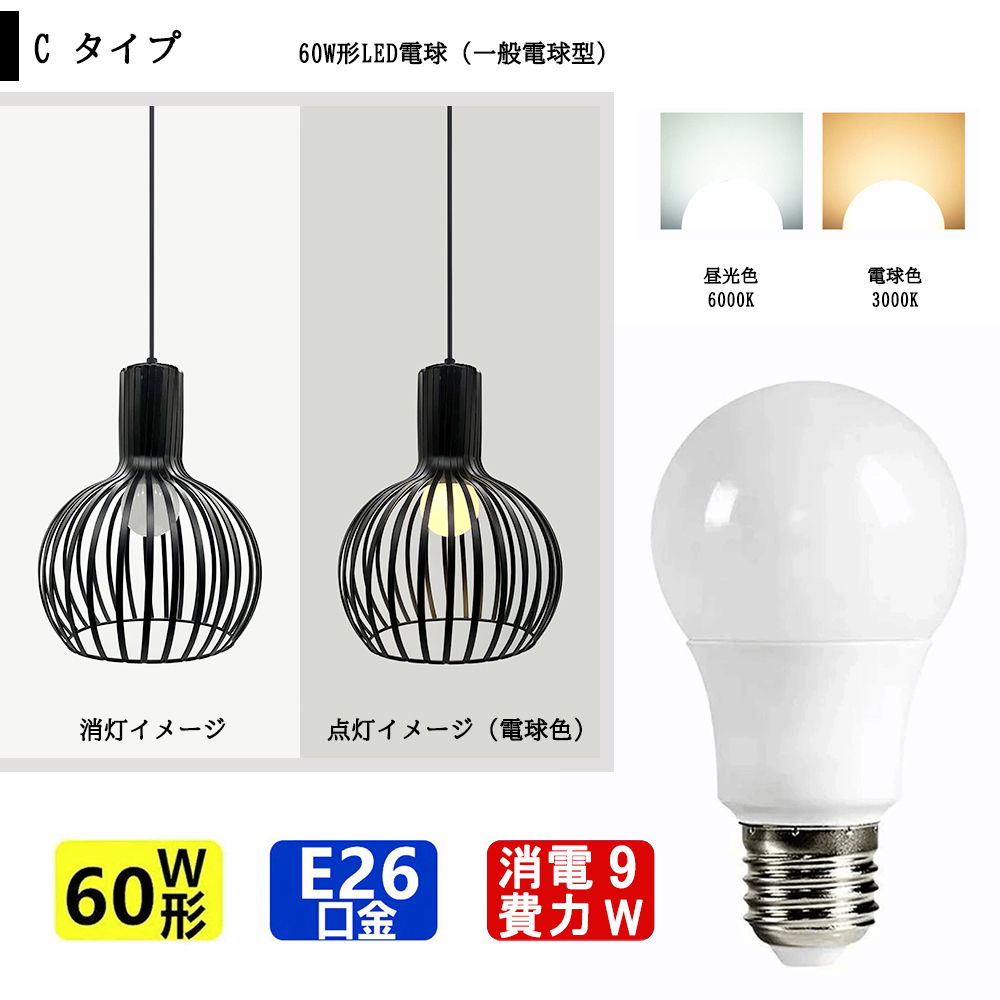 吊り下げ照明 ペンダントライト 鉄製球状 E26口金 LED電球付き（C