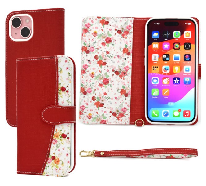 iPhone 15 iphone15 ケース 手帳型 ストラップ 手帳型ケース カード 花