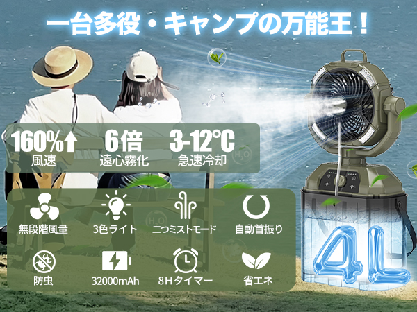 キャンプ扇風機 ミストファン 充電式【ミスト噴霧機能.瞬間冷却