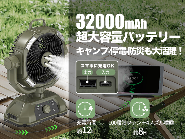 キャンプ扇風機 ミストファン 充電式【ミスト噴霧機能.瞬間冷却