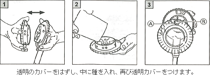 透明のカバーをはずし、中に種を入れ、再び透明カバーをつけます。