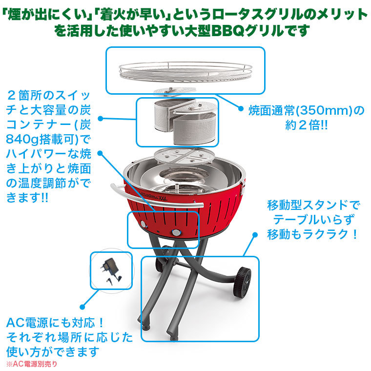 無煙炭火バーベキューコンロ ハーフェレ ロータスグリルXXL レッド