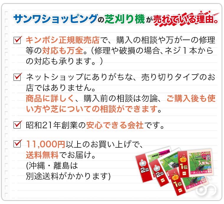 サンワショッピングの芝刈り機が売れている理由。キンボシの正規販売店で、購入の相談や万が一の修理等の対応も万全。ネットショップにありがちな、売り切りタイプのお店ではありません。商品に詳しく、購入前の相談は勿論、ご購入後も使い方や芝についての相談ができます。彰は21年創業の安心できる会社です。北海道〜沖縄まで、全国に送料無料でお届けしています。（１万円以上の商品）
