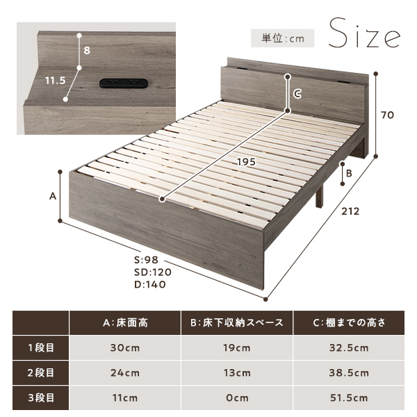 ベッド セミダブル マットレス付き 安い ベッド マットレス付き セミダブルベッド ベッド おしゃれ ベッド ローベッド 高さ調整 セット グレー 白 黒 プエル_14