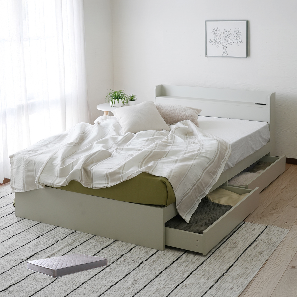 【マットレス付き】ホワイトセミダブルベッド 大容量 収納付き 日本製 ベッド セミダブル 収納付き 大容量 マットレス付き セミダブルベッド