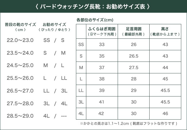 日本野鳥の会 サイズ表 サイズチャート 足のサイズ