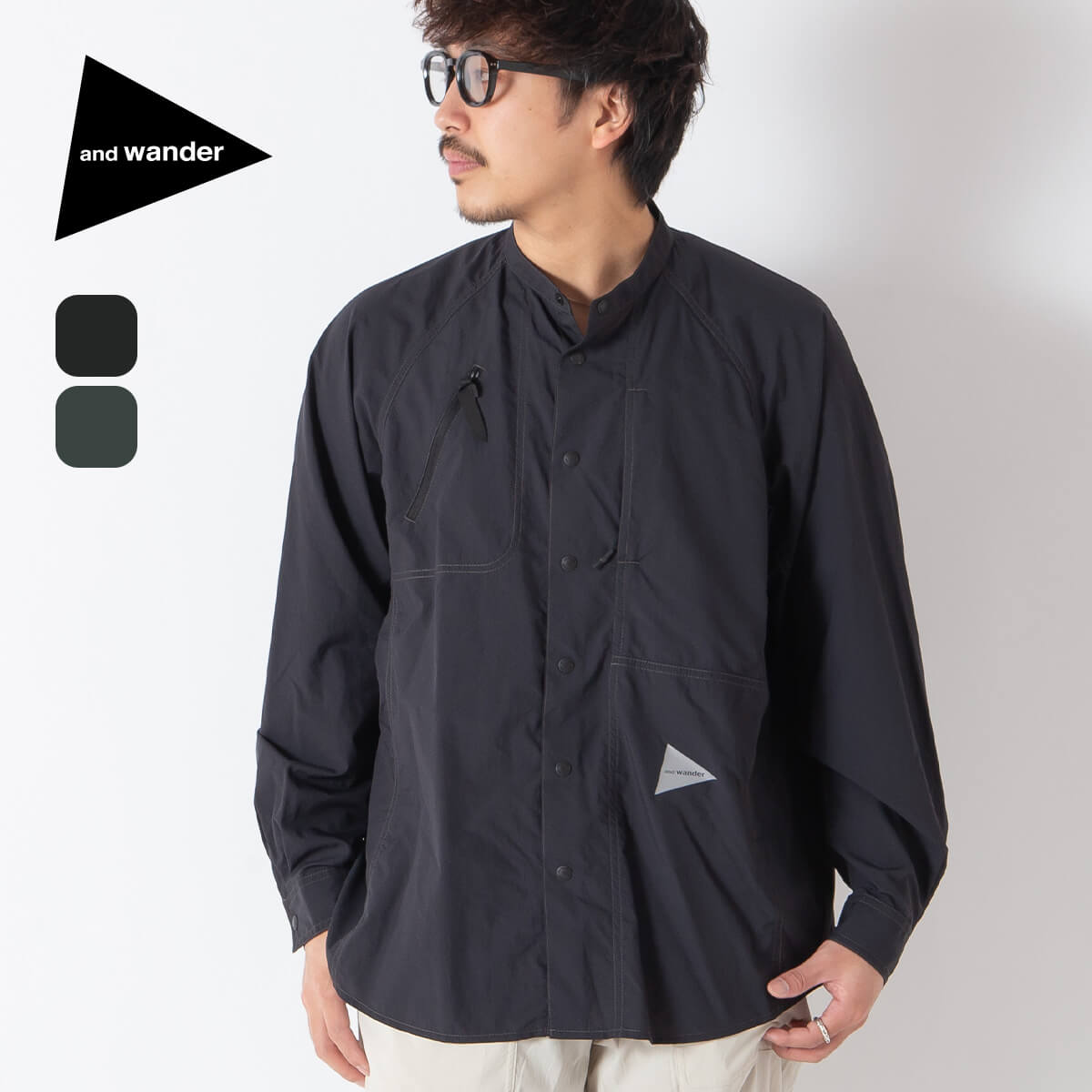 and wander ブラック　バンドカラー シャツ and wander（アンドワンダー） ストレッチリップバンドカラーシャツ