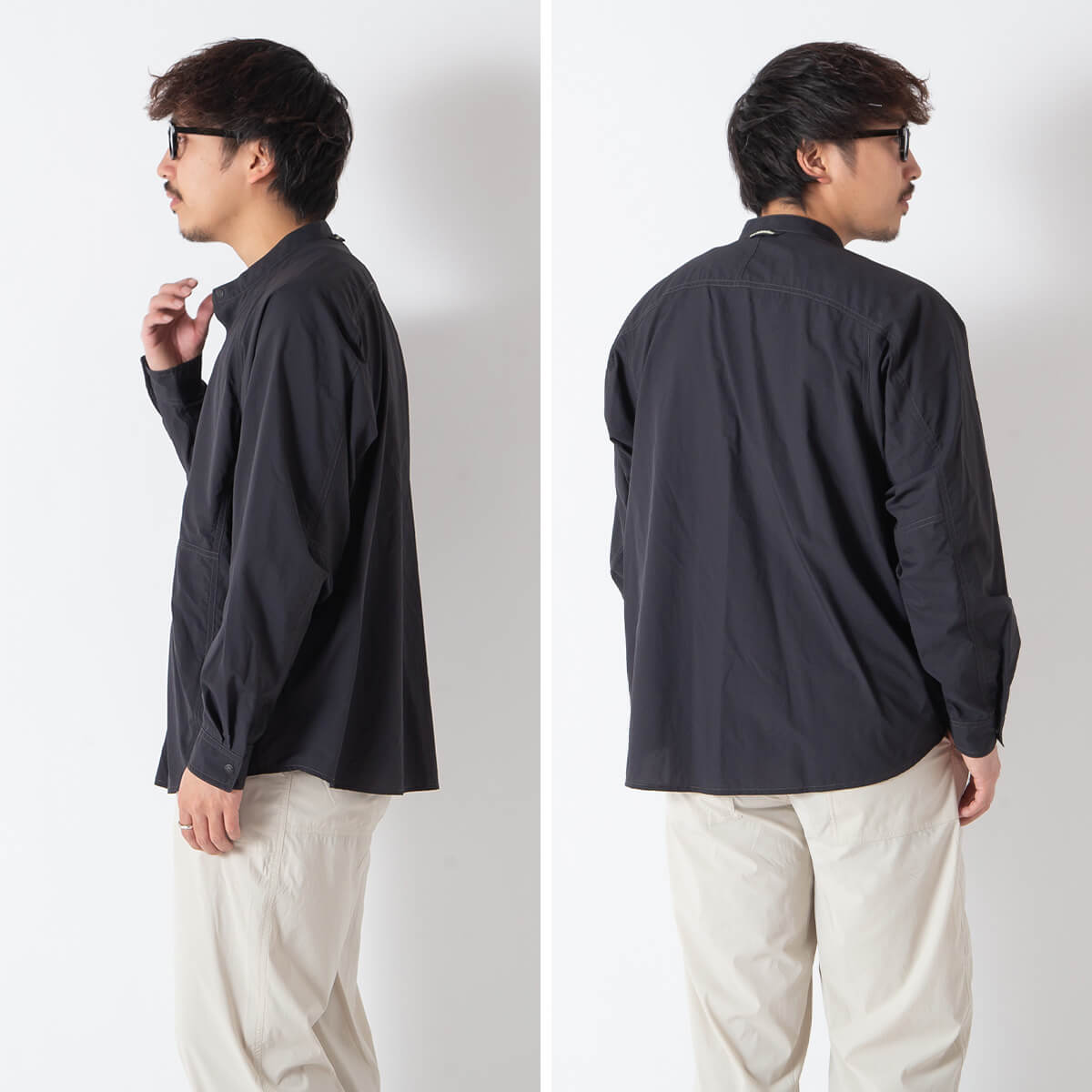 and wander（アンドワンダー） ストレッチリップバンドカラーシャツ