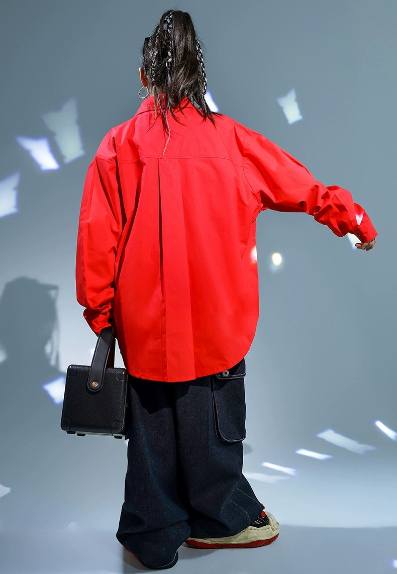 キッズ ダンス衣装 トップス 長袖 シャツレッド 赤 ボタン おしゃれ