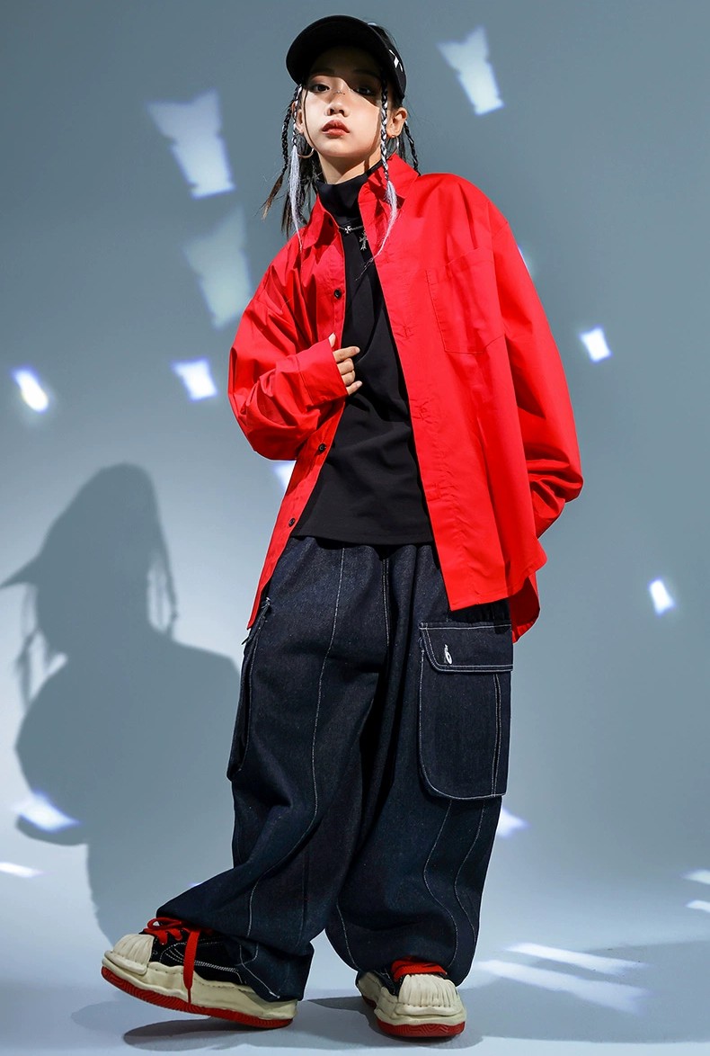 キッズ ダンス衣装 トップス 長袖 シャツレッド 赤 ボタン おしゃれ