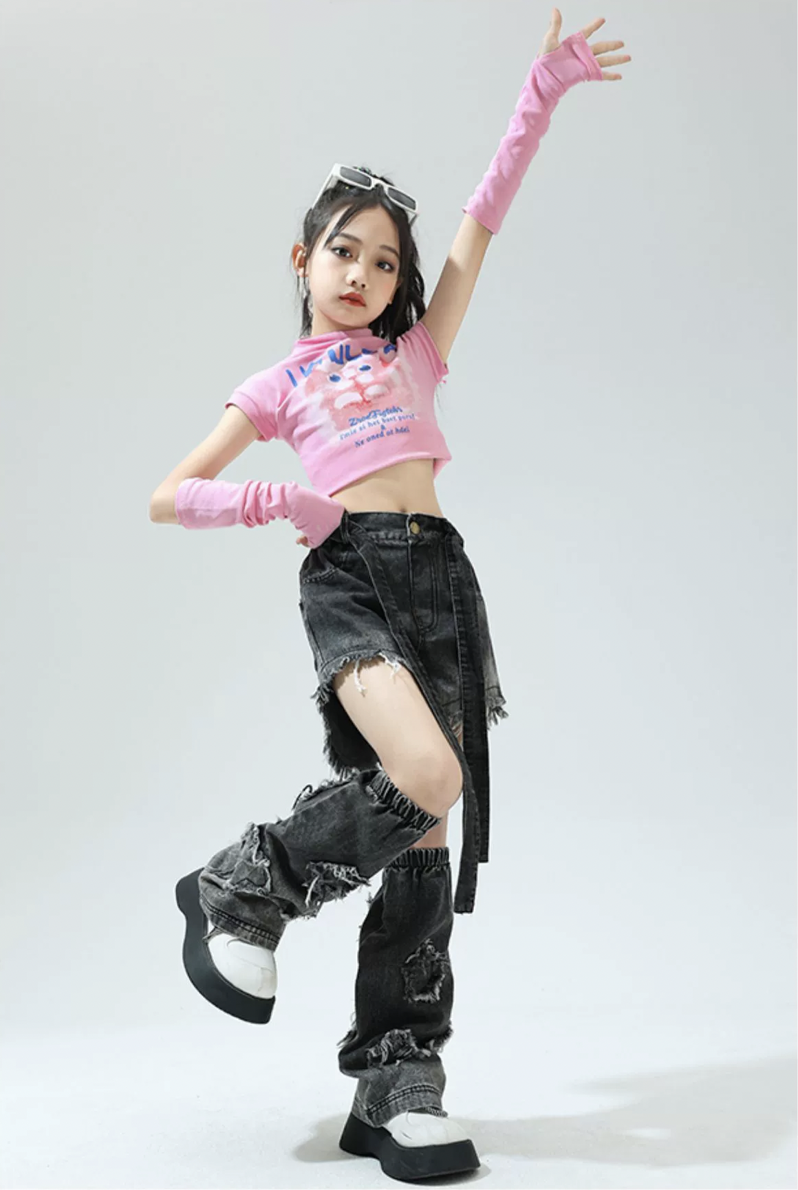 KPOP風 アイドル キッズダンス衣装 女の子 ダメージデニム