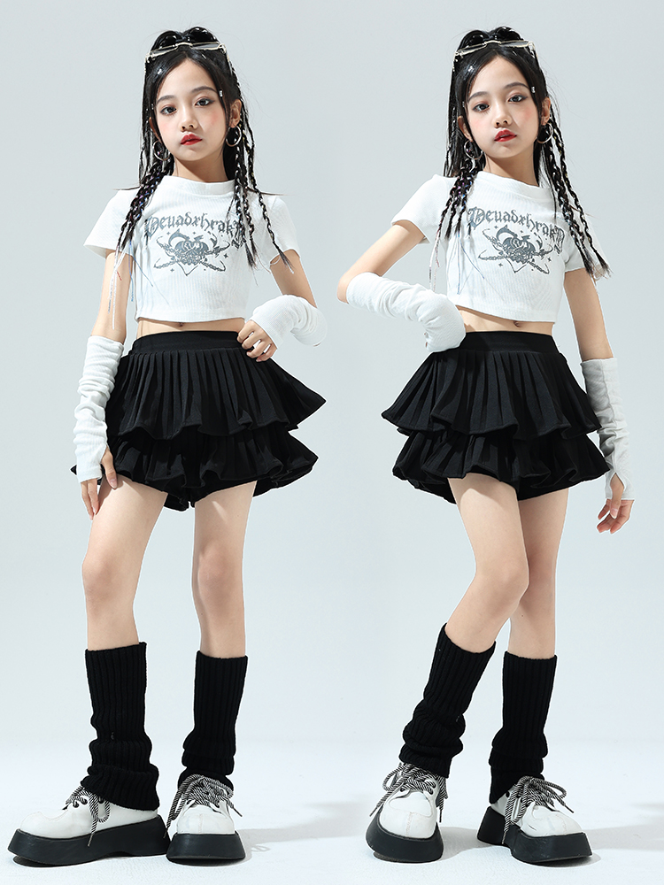 KPOP アイドル ダンス衣装 女の子 セットアップ 白黒 ストリート かわいい かっこいい ミニスカート ジャズ ダンスウェア 団体 ヒップホップ ガールズ チーム｜sunflowerhouse｜03