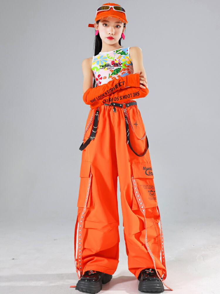 オレンジ キッズダンス衣装 ヒップホップ パンツ 白 セットアップ 子供