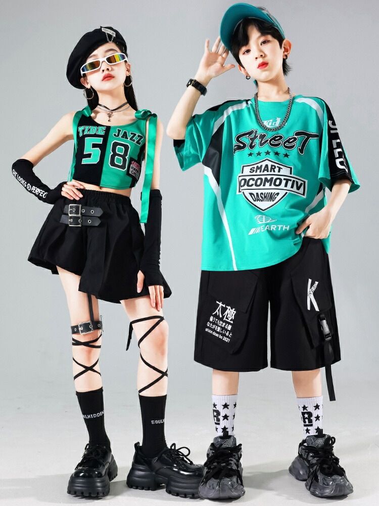 キッズダンス 黒 ブラック ミントブルー ヒップホップ ダンス衣装 セットアップ舞台 演出