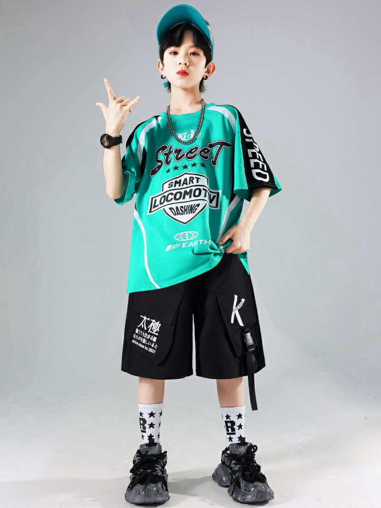 キッズダンス 黒 ブラック ミントブルー ヒップホップ ダンス衣装 セットアップ舞台 演出