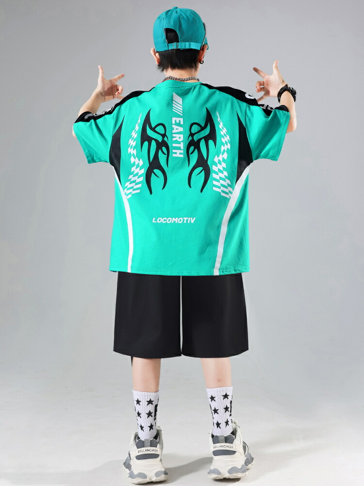 キッズダンス 黒 ブラック ミントブルー ヒップホップ ダンス衣装 セットアップ舞台 演出