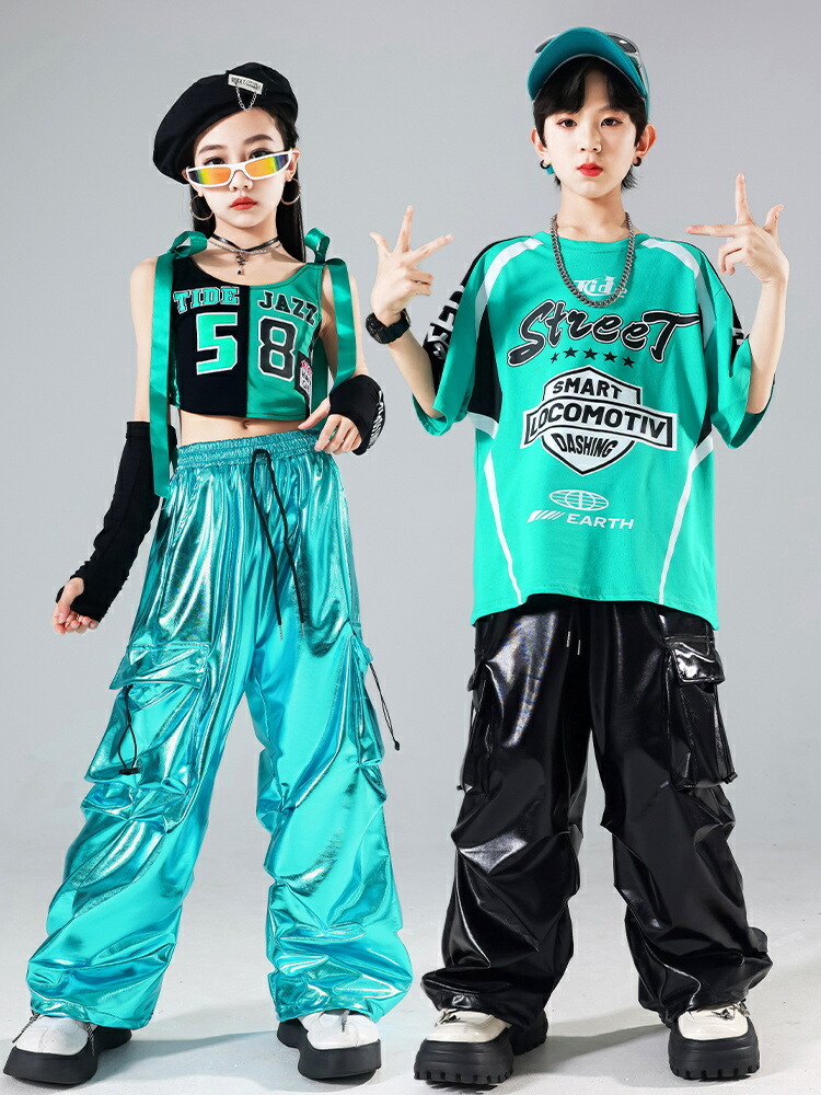 キッズダンス 黒 ブラック ミントブルー ヒップホップ ダンス衣装 セットアップ舞台 演出