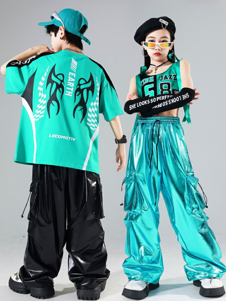 キッズダンス 黒 ブラック ミントブルー ヒップホップ ダンス衣装 セットアップ舞台 演出