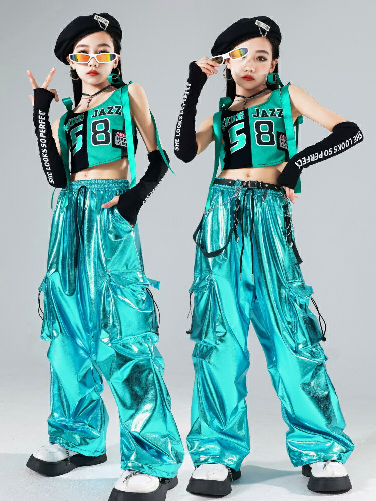 キッズダンス 黒 ブラック ミントブルー ヒップホップ ダンス衣装 セットアップ舞台 演出