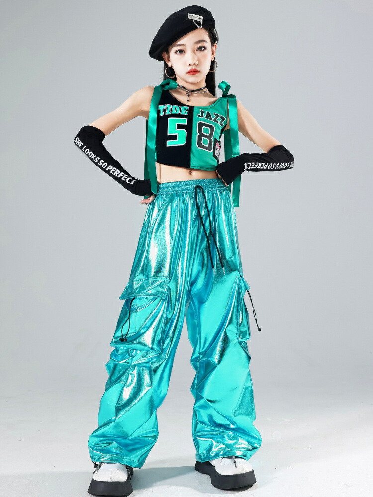 キッズダンス 黒 ブラック ミントブルー ヒップホップ ダンス衣装 セットアップ舞台 演出